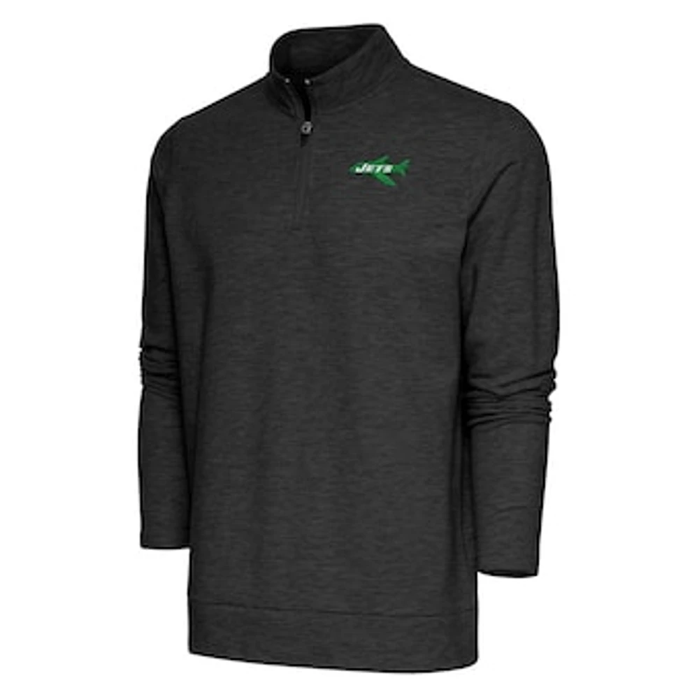 Men's Antigua Heather Black New York Jets Team Logo Throwback Gambit Quarter-Zip Pullover Top