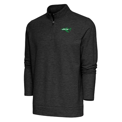 Men's Antigua Heather Black New York Jets Team Logo Throwback Gambit Quarter-Zip Pullover Top