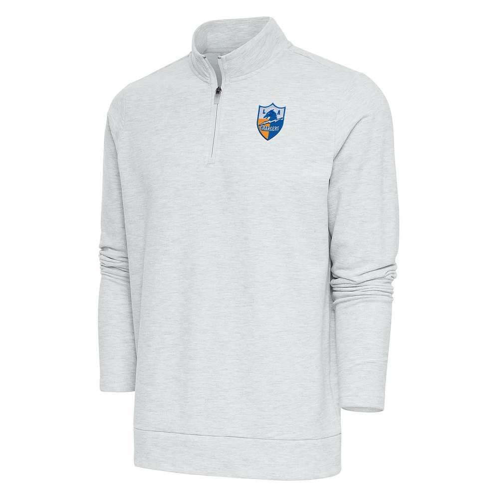 Men's Antigua Heather Gray Los Angeles Chargers Team Logo Throwback Gambit Quarter-Zip Pullover Top