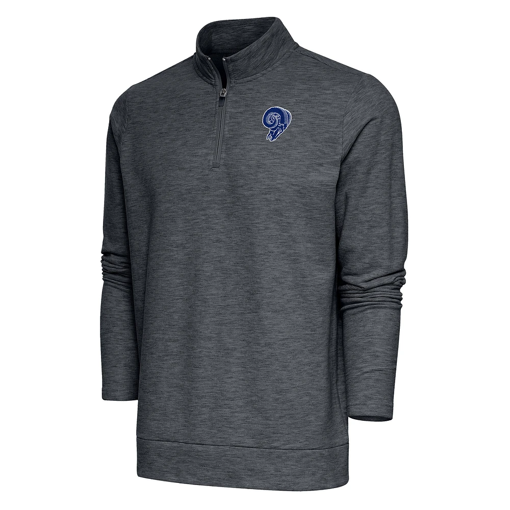 Men's Antigua Heather Charcoal Los Angeles Rams Team Logo Throwback Gambit Quarter-Zip Pullover Top