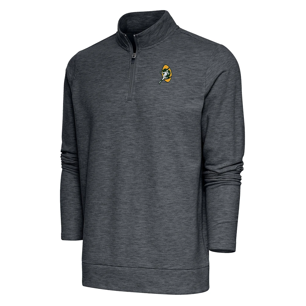 Men's Antigua Heather Charcoal Green Bay Packers Team Logo Throwback Gambit Quarter-Zip Pullover Top