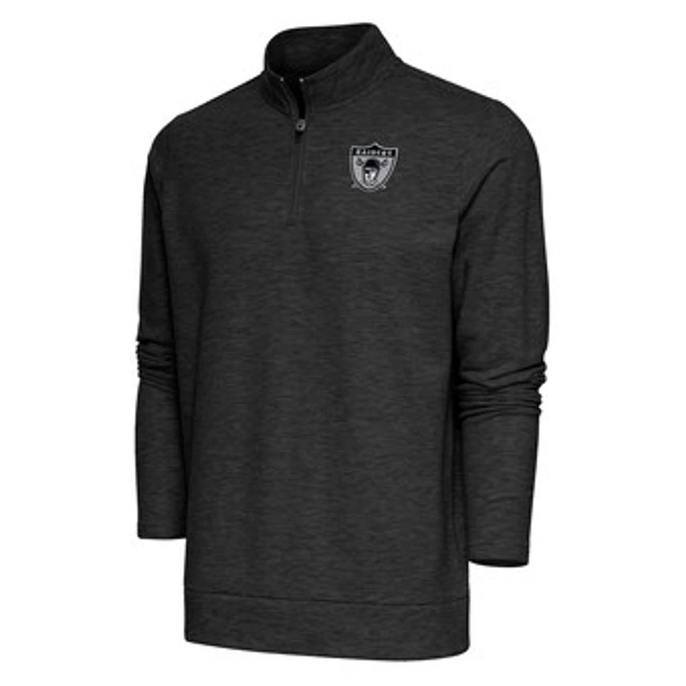 Men's Antigua Heather Black Las Vegas Raiders Team Logo Throwback Gambit Quarter-Zip Pullover Top