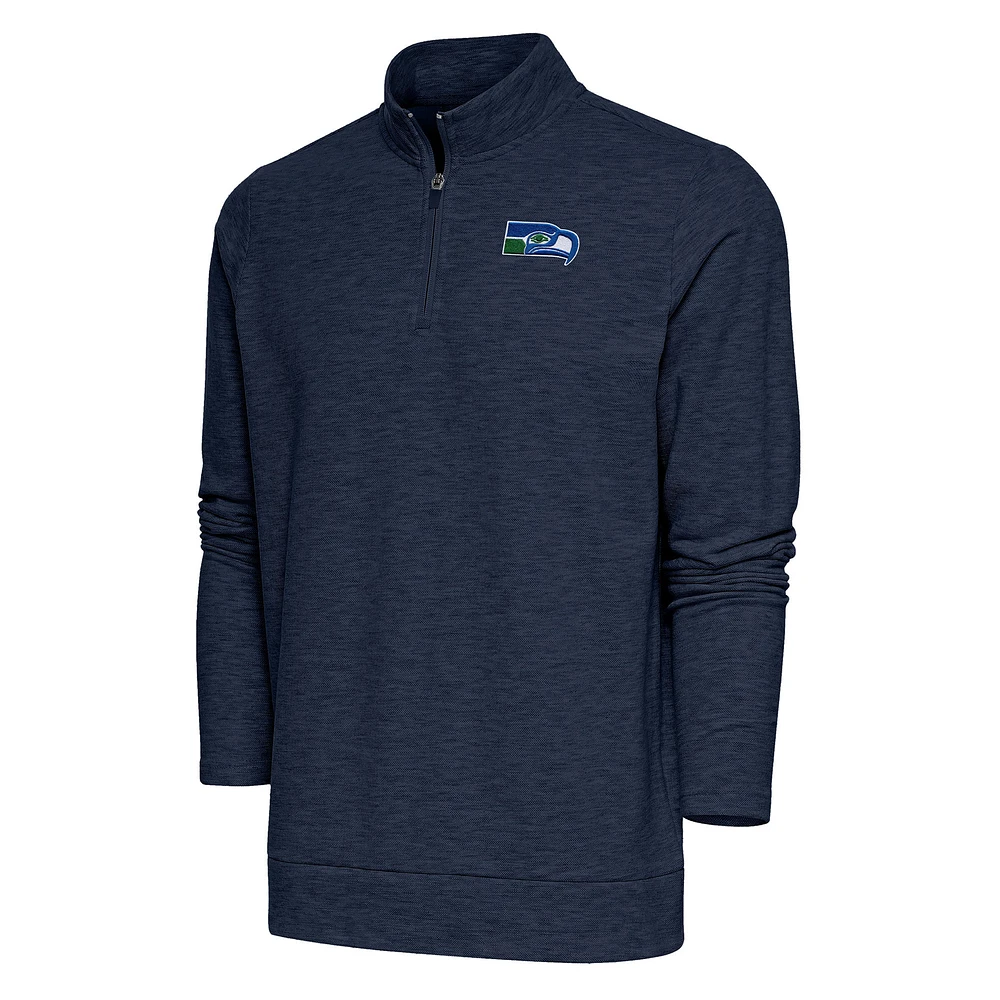 Men's Antigua Heather Navy Seattle Seahawks Team Logo Throwback Gambit Quarter-Zip Pullover Top