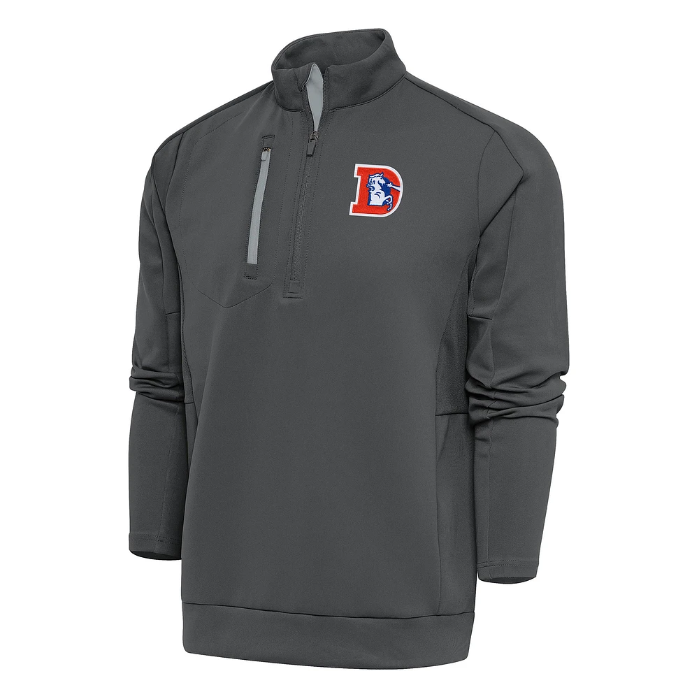 Men's Antigua Charcoal Denver Broncos Team Logo Throwback Generation Quarter-Zip Pullover Top