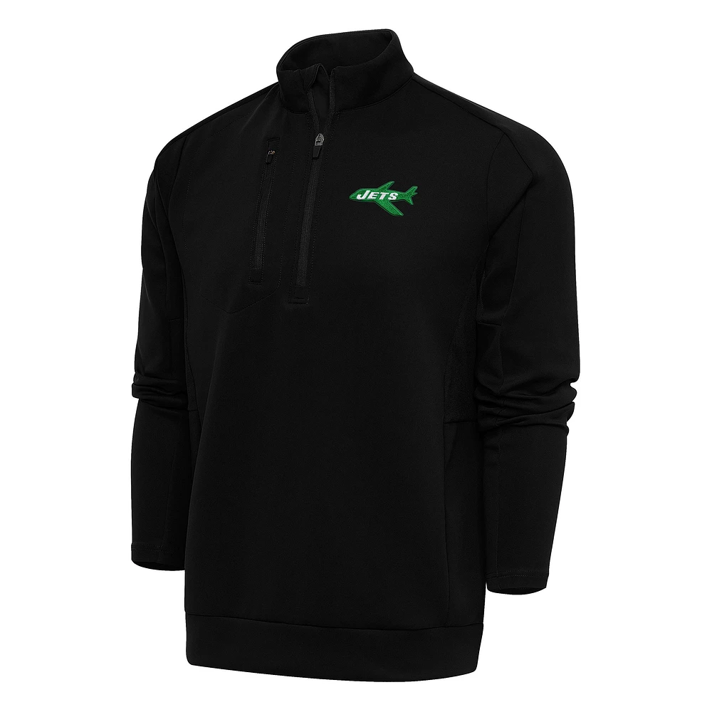 Men's Antigua Black New York Jets Team Logo Throwback Generation Quarter-Zip Pullover Top