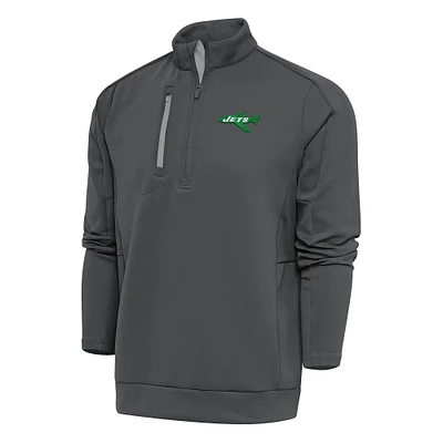 Men's Antigua Charcoal New York Jets Team Logo Throwback Generation Quarter-Zip Pullover Top