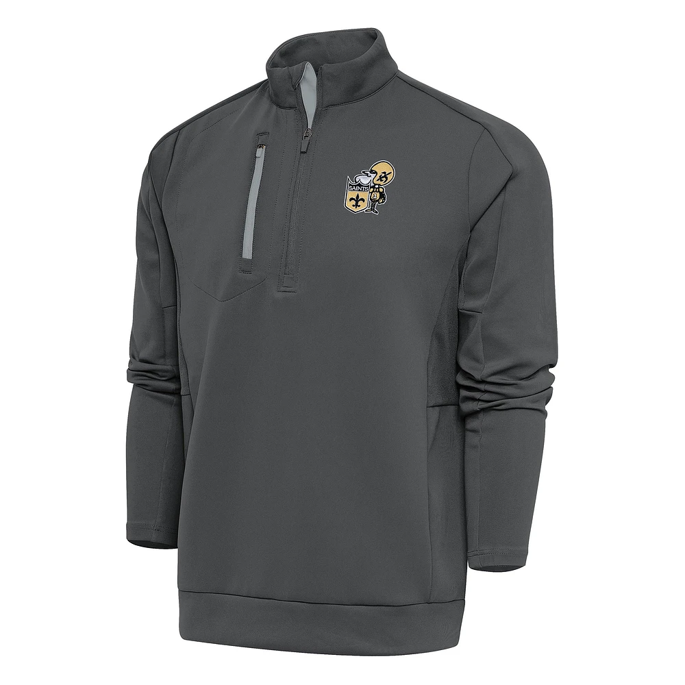 Men's Antigua Charcoal New Orleans Saints Team Logo Throwback Generation Quarter-Zip Pullover Top