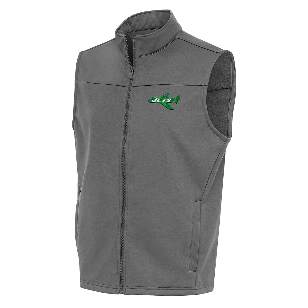 Men's Antigua Steel New York Jets Team Logo Throwback Links Golf Full-Zip Vest