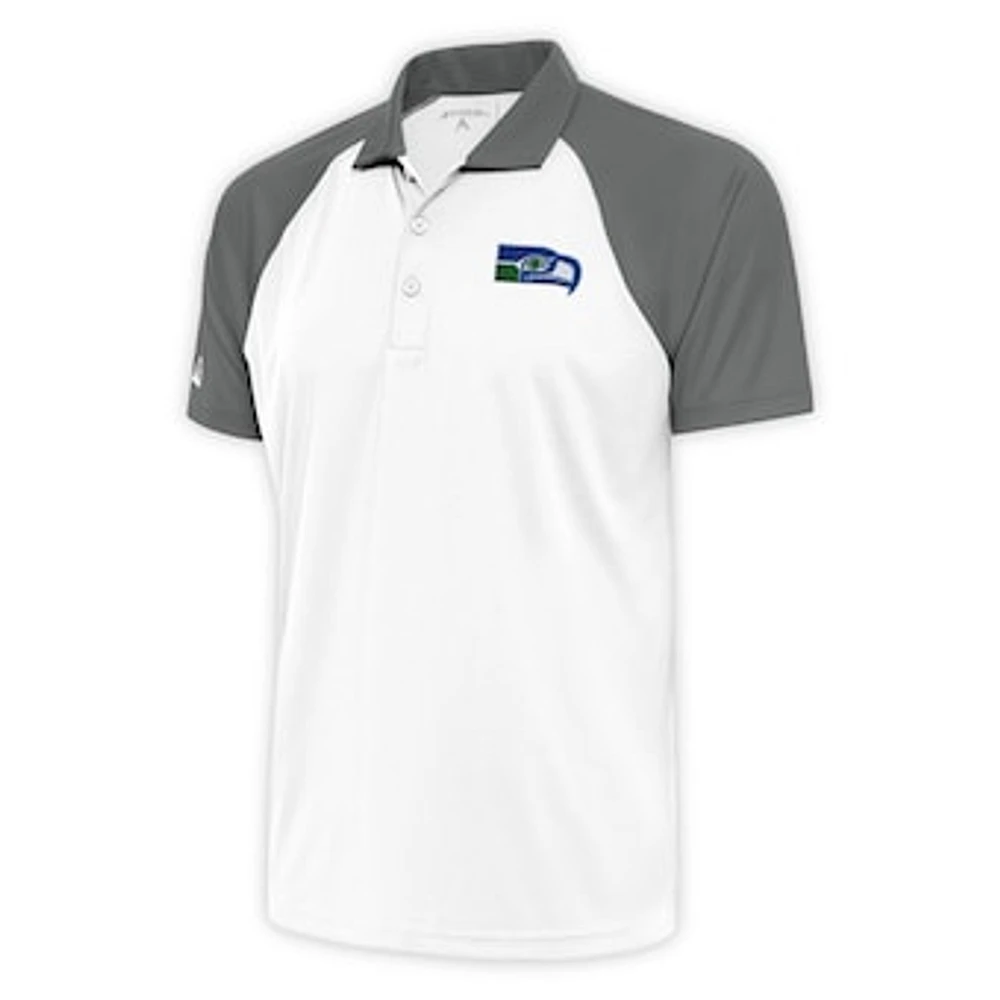 Men's Antigua White/Steel Seattle Seahawks Team Logo Throwback Nova Polo