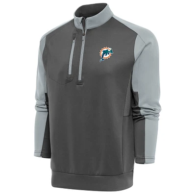Men's Antigua Charcoal/Silver Miami Dolphins Team Logo Throwback Quarter-Zip Pullover Top