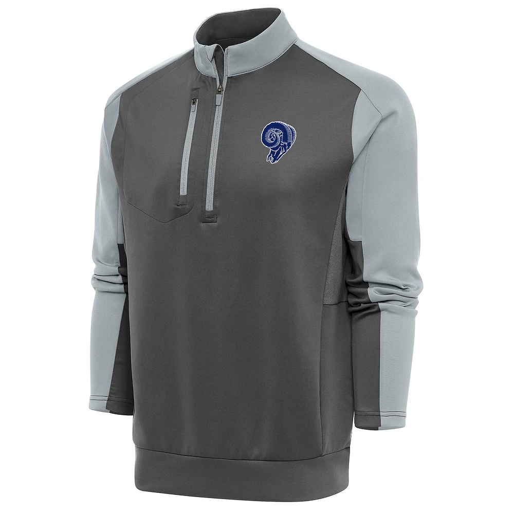 Men's Antigua Charcoal/Silver Los Angeles Rams Team Logo Throwback Team Quarter-Zip Pullover Top