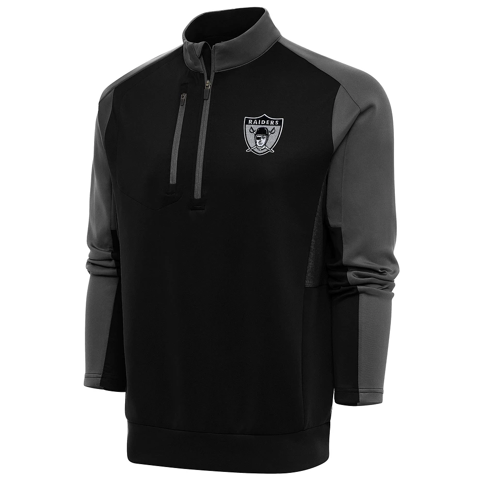 Men's Antigua Black/Charcoal Las Vegas Raiders Team Logo Throwback Team Quarter-Zip Pullover Top