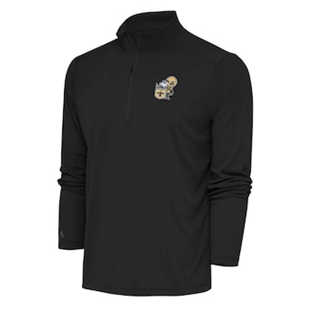 Men's Antigua Charcoal New Orleans Saints Team Logo Throwback Tribute Quarter-Zip Pullover Top