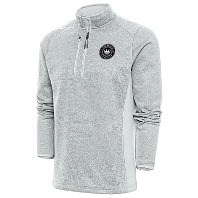 Men's Antigua Heather Gray Charlotte FC Brushed Metallic Logo Course Quarter-Zip Pullover Top