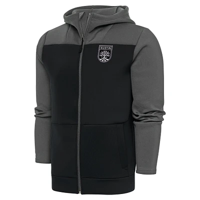 Men's Antigua Steel/Black Austin FC Brushed Metallic Logo Protect Full-Zip Hoodie