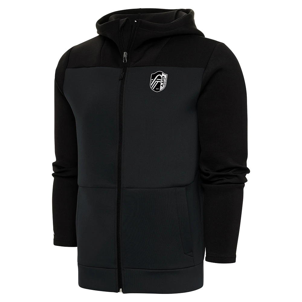 Men's Antigua Black/Charcoal St. Louis City SC Brushed Metallic Logo Protect Full-Zip Hoodie