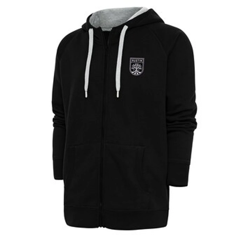 Men's Antigua Black Austin FC Brushed Metallic Logo Victory Full-Zip Hoodie