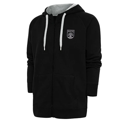 Men's Antigua Black Austin FC Brushed Metallic Logo Victory Full-Zip Hoodie