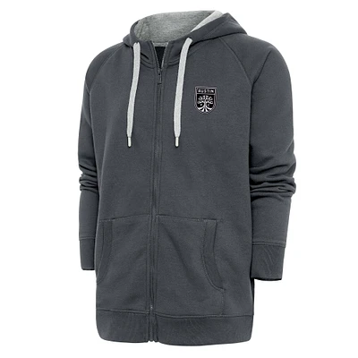 Men's Antigua Charcoal Austin FC Brushed Metallic Logo Victory Full-Zip Hoodie