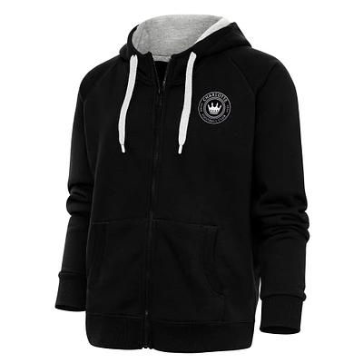 Men's Antigua Black Charlotte FC Brushed Metallic Logo Victory Full-Zip Hoodie