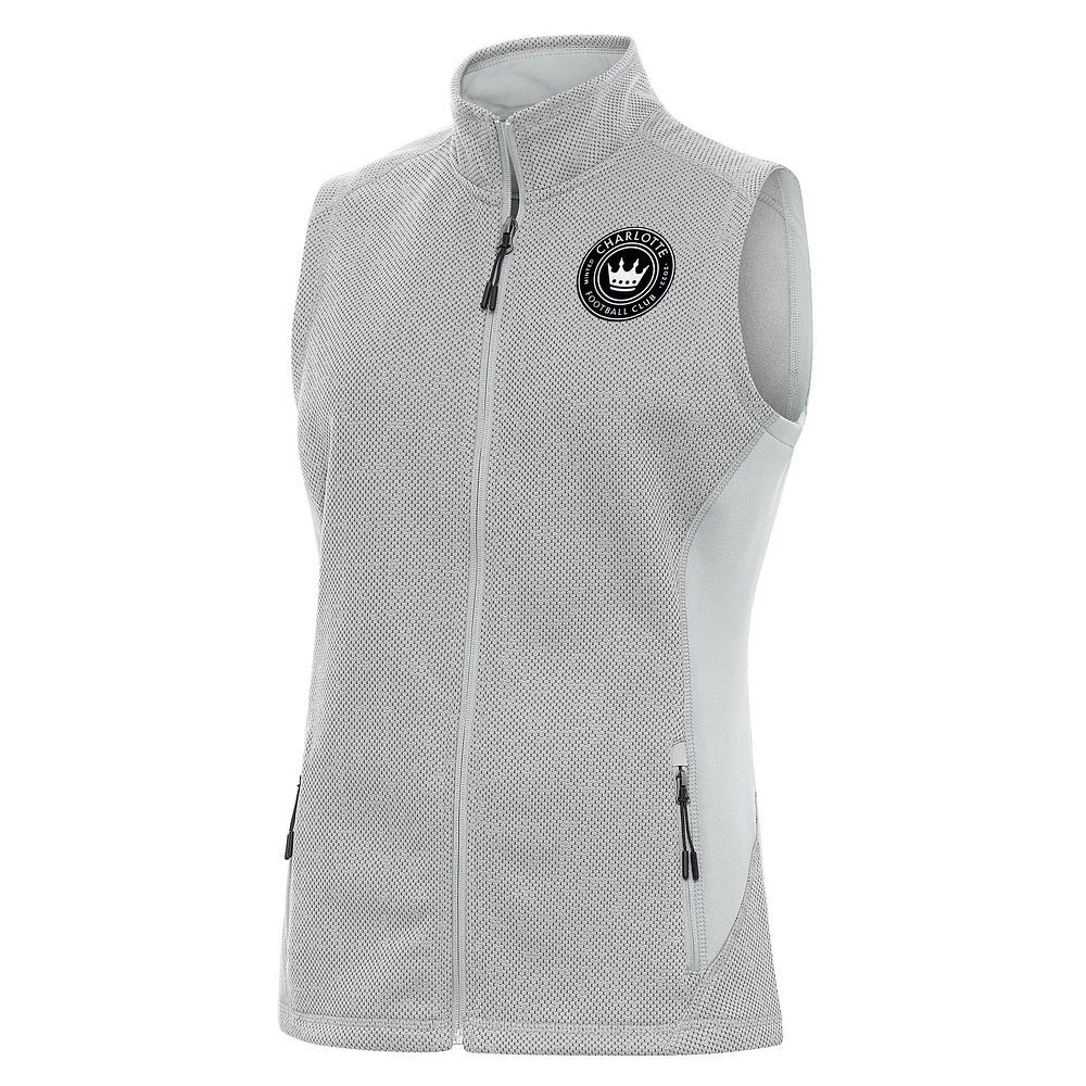 Women's Antigua Heather Gray Charlotte FC Brushed Metallic Logo Course Full-Zip Vest