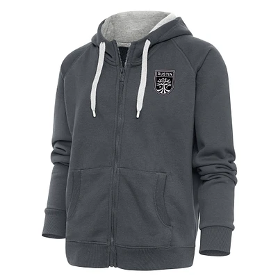 Women's Antigua Charcoal Austin FC Brushed Metallic Logo Victory Full-Zip Hoodie