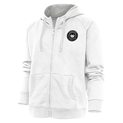 Women's Antigua White Charlotte FC Brushed Metallic Logo Victory Full-Zip Hoodie