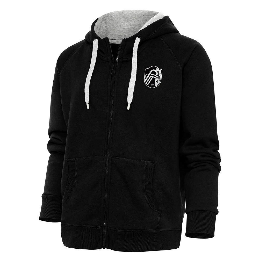 Women's Antigua Black St. Louis City SC Brushed Metallic Logo Victory Full-Zip Hoodie