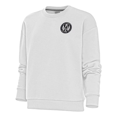 Women's Antigua White Atlanta United FC Brushed Metallic Logo Victory Crewneck Pullover Sweatshirt
