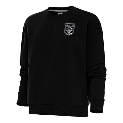 Women's Antigua Black Austin FC Brushed Metallic Logo Victory Crewneck Pullover Sweatshirt