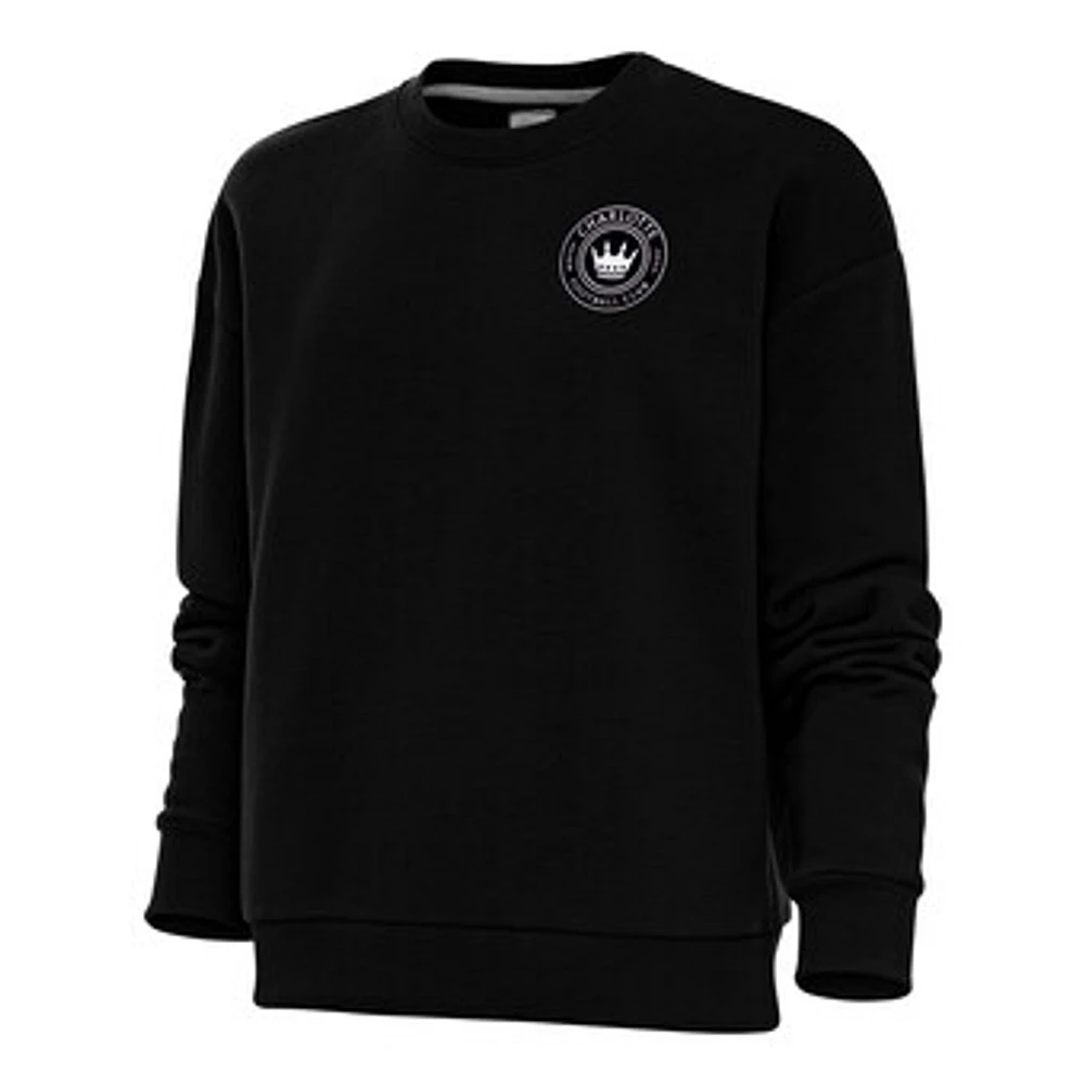 Women's Antigua Black Charlotte FC Brushed Metallic Logo Victory Crewneck Pullover Sweatshirt