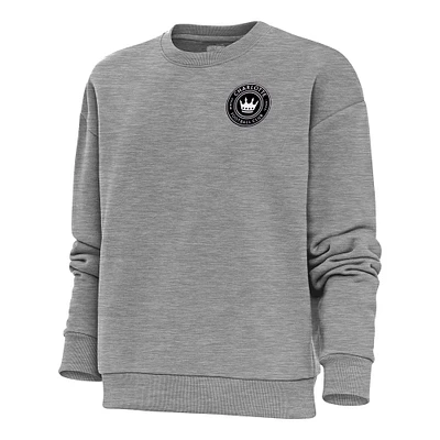 Women's Antigua Heather Gray Charlotte FC Brushed Metallic Logo Victory Crewneck Pullover Sweatshirt