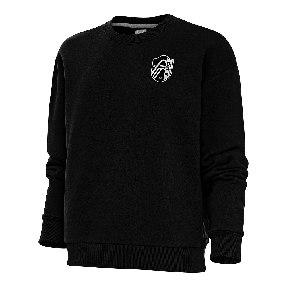 Women's Antigua Black St. Louis City SC Brushed Metallic Logo Victory Crewneck Pullover Sweatshirt