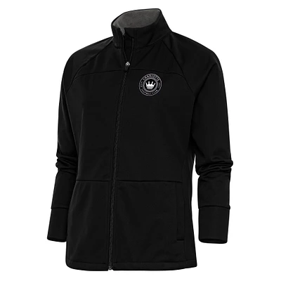 Women's Antigua Black Charlotte FC Brushed Metallic Logo Links Full-Zip Golf Jacket
