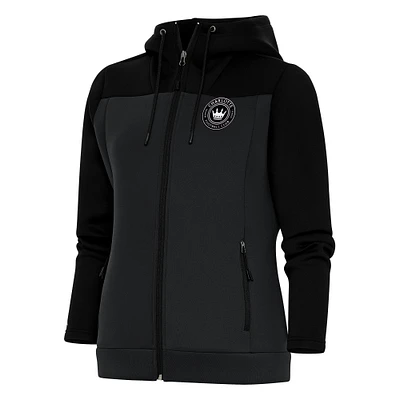 Women's Antigua Black/Charcoal Charlotte FC Brushed Metallic Logo Protect Full-Zip Hoodie