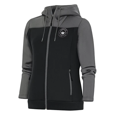 Women's Antigua Steel/Black Charlotte FC Brushed Metallic Logo Protect Full-Zip Hoodie