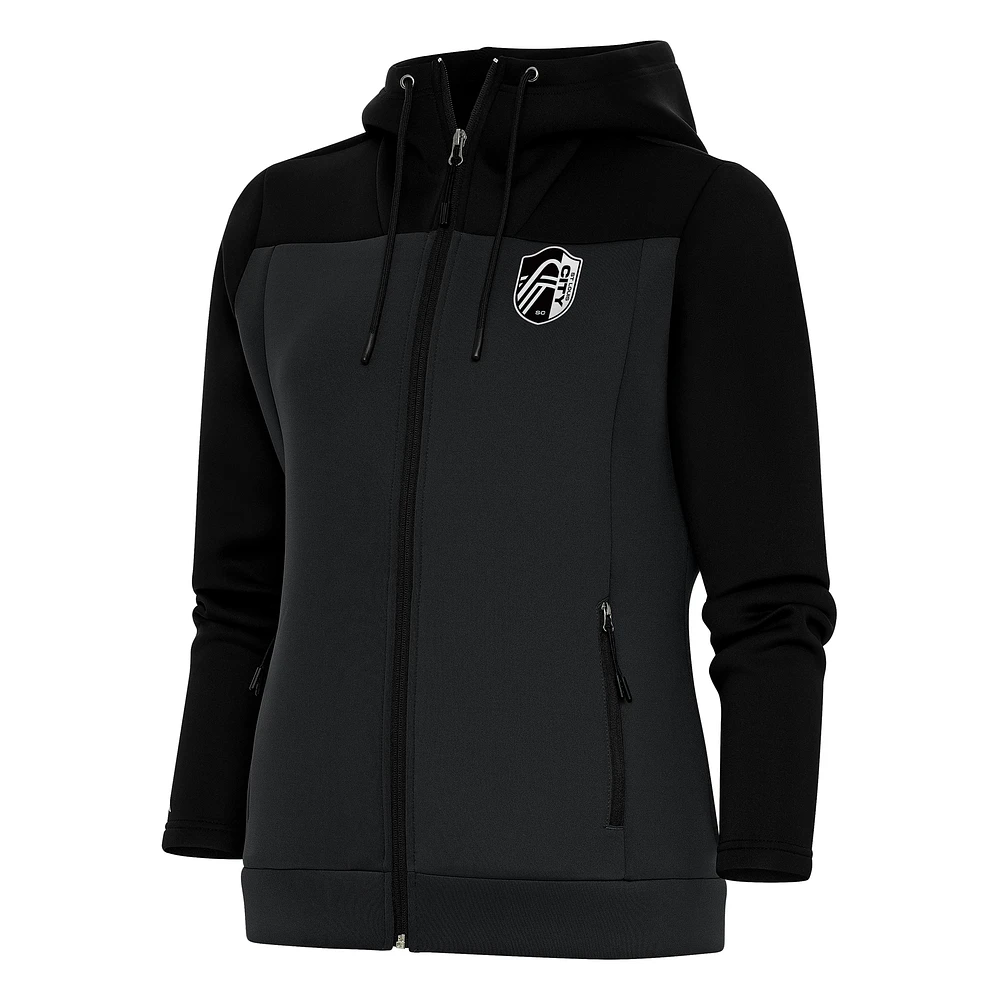 Women's Antigua Black/Charcoal St. Louis City SC Brushed Metallic Logo Protect Full-Zip Hoodie