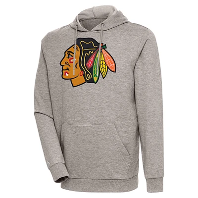 Men's Antigua Oatmeal Chicago Blackhawks Logo Action Chenille Pullover Hoodie