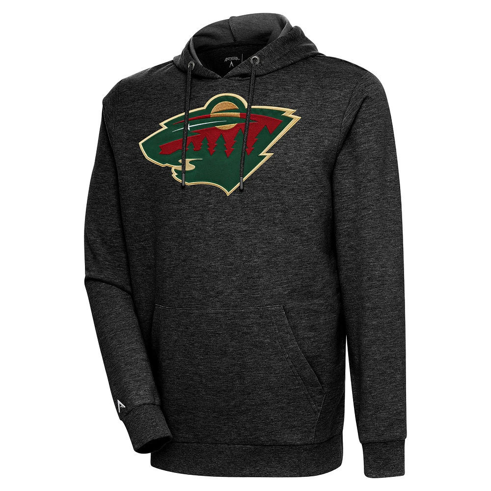 Men's Antigua Heather Black Minnesota Wild Logo Action Chenille Pullover Hoodie