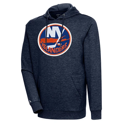 Men's Antigua Heather Navy New York Islanders Logo Action Chenille Pullover Hoodie