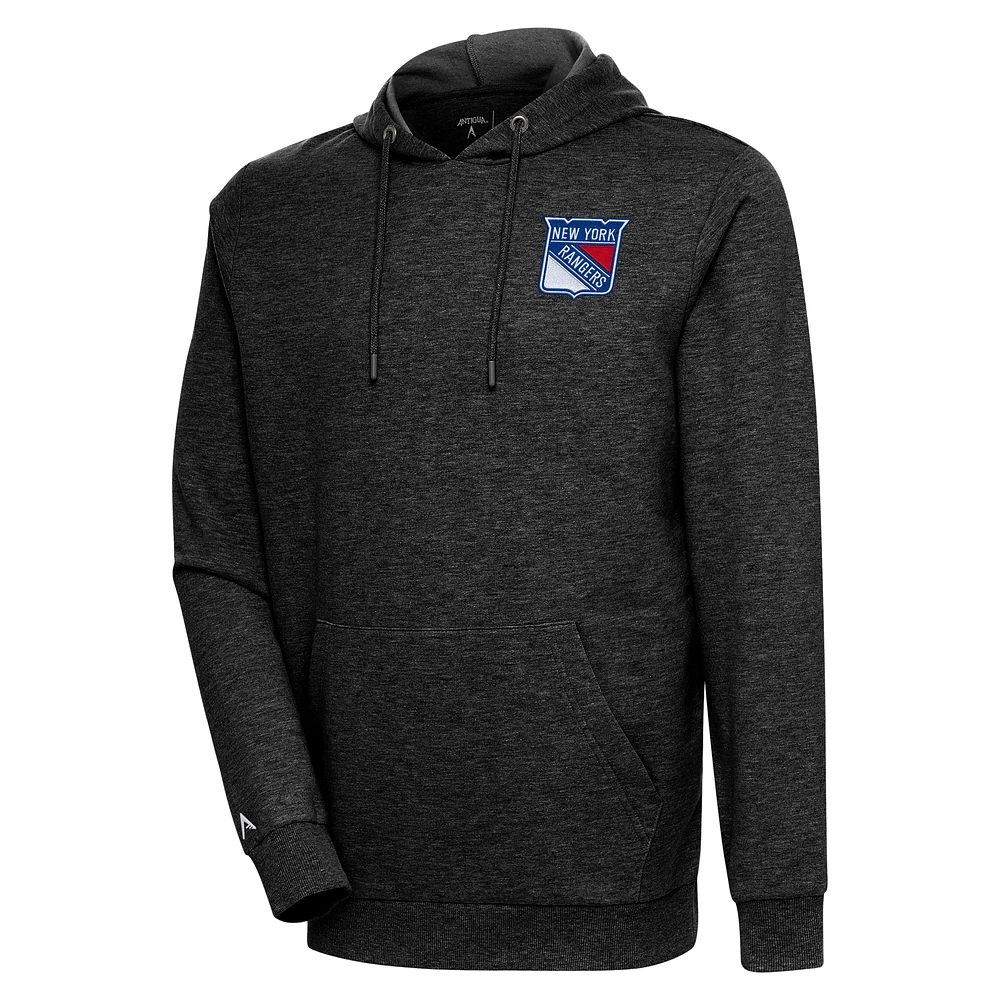 Men's Antigua Heather Black New York Rangers Action Chenille Pullover Hoodie