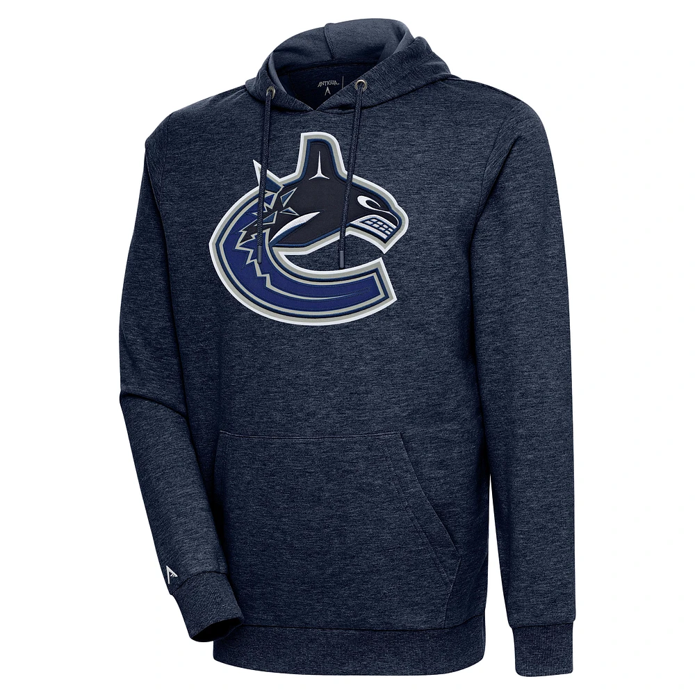 Men's Antigua Heather Navy Vancouver Canucks Logo Action Chenille Pullover Hoodie