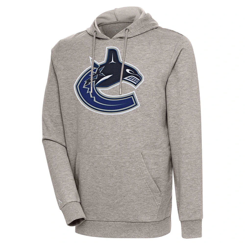 Men's Antigua Oatmeal Vancouver Canucks Logo Action Chenille Pullover Hoodie