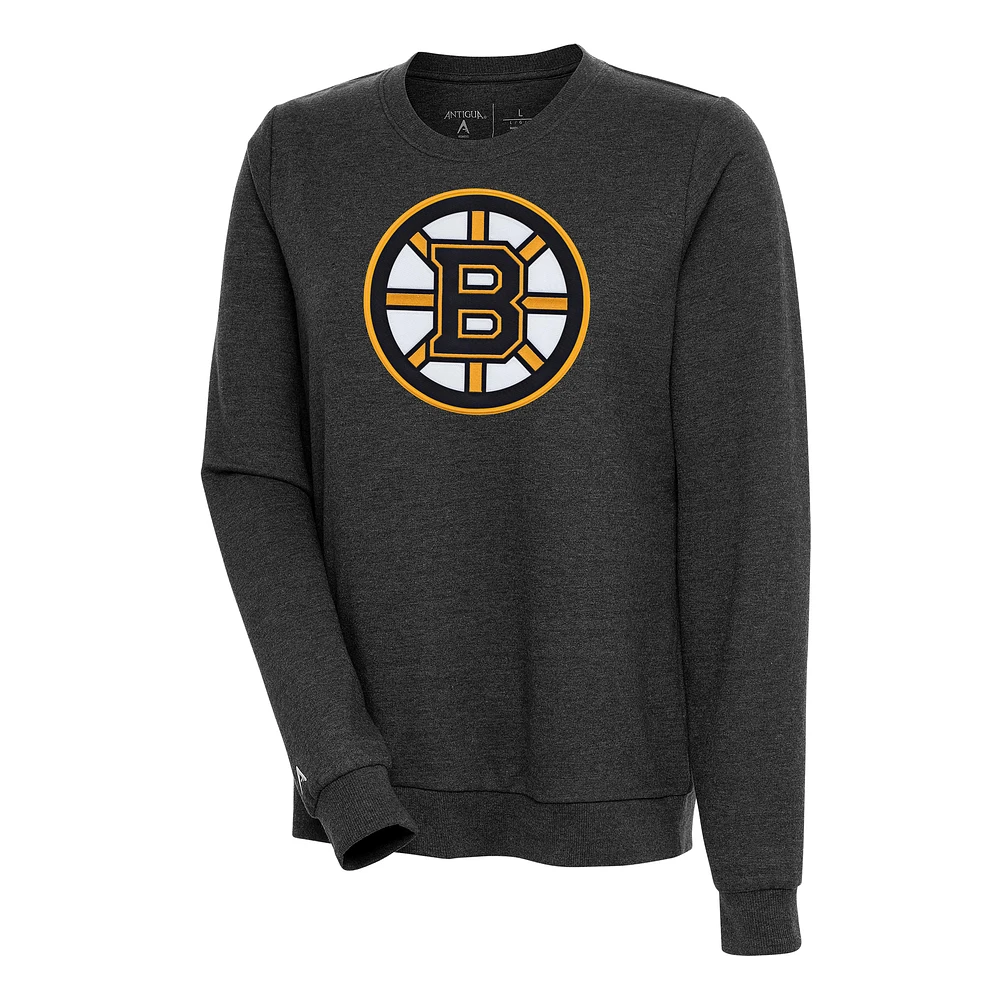 Women's Antigua Heather Black Boston Bruins Action Crewneck Chenille Pullover Sweatshirt