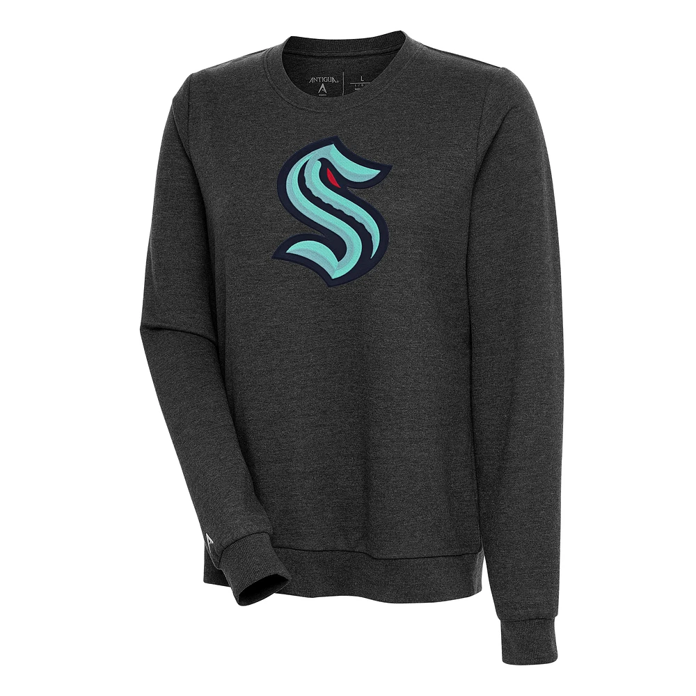 Women's Antigua Heather Black Seattle Kraken Action Crewneck Chenille Pullover Sweatshirt