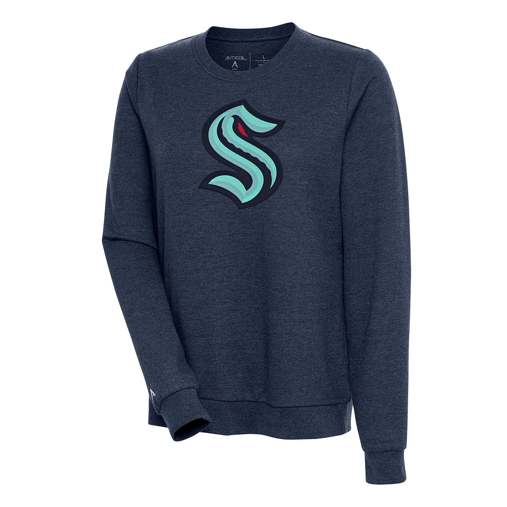 Women's Antigua Heather Navy Seattle Kraken Action Crewneck Chenille Pullover Sweatshirt