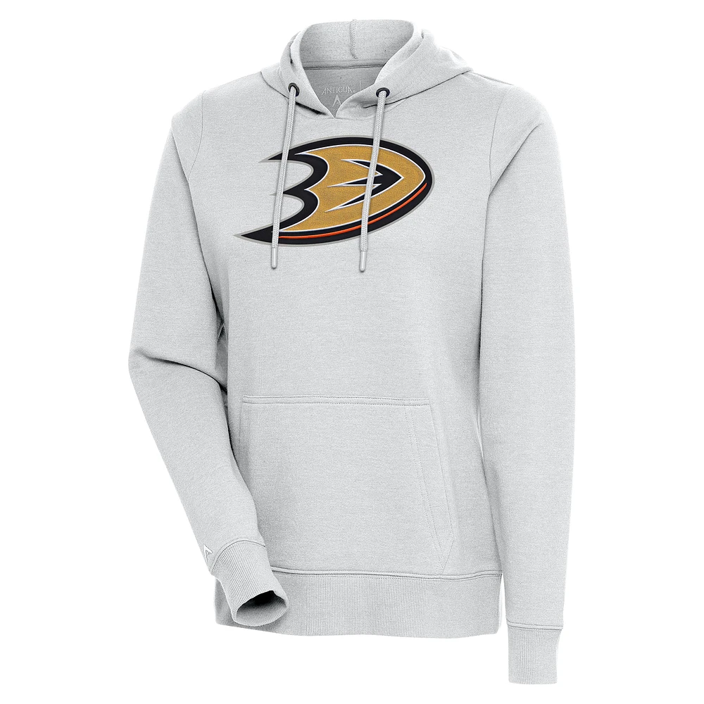 Women's Antigua Heather Gray Anaheim Ducks Logo Action Chenille Pullover Hoodie