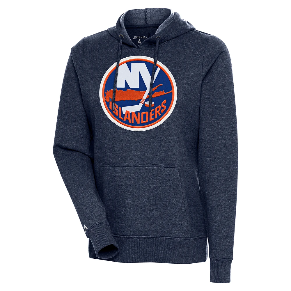Women's Antigua Heather Navy New York Islanders Logo Action Chenille Pullover Hoodie