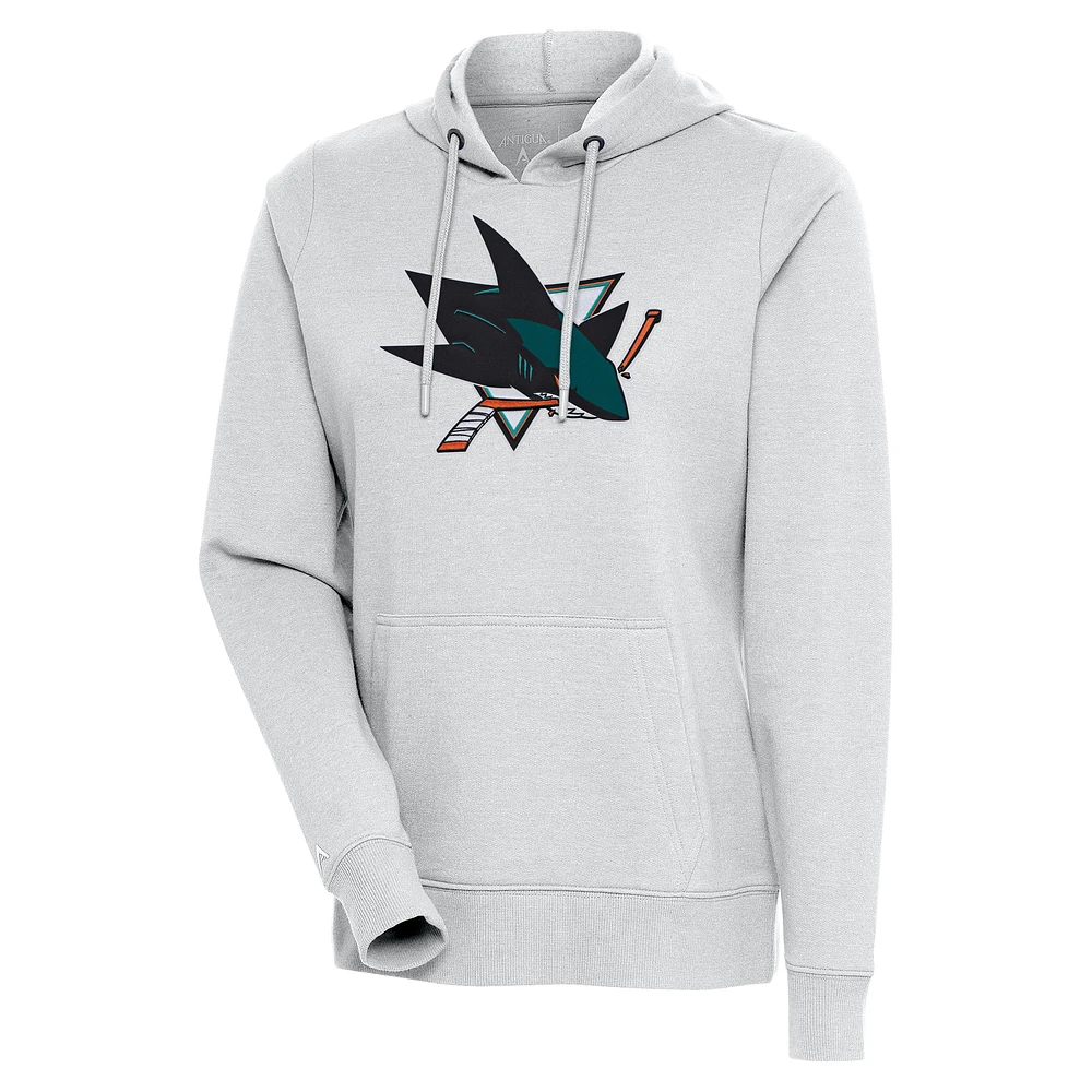 Women's Antigua Heather Gray San Jose Sharks Logo Action Chenille Pullover Hoodie