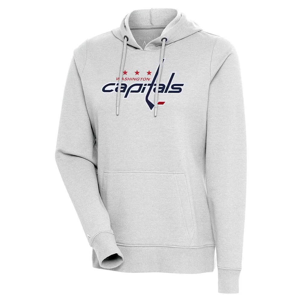 Women's Antigua Heather Gray Washington Capitals Logo Action Chenille Pullover Hoodie